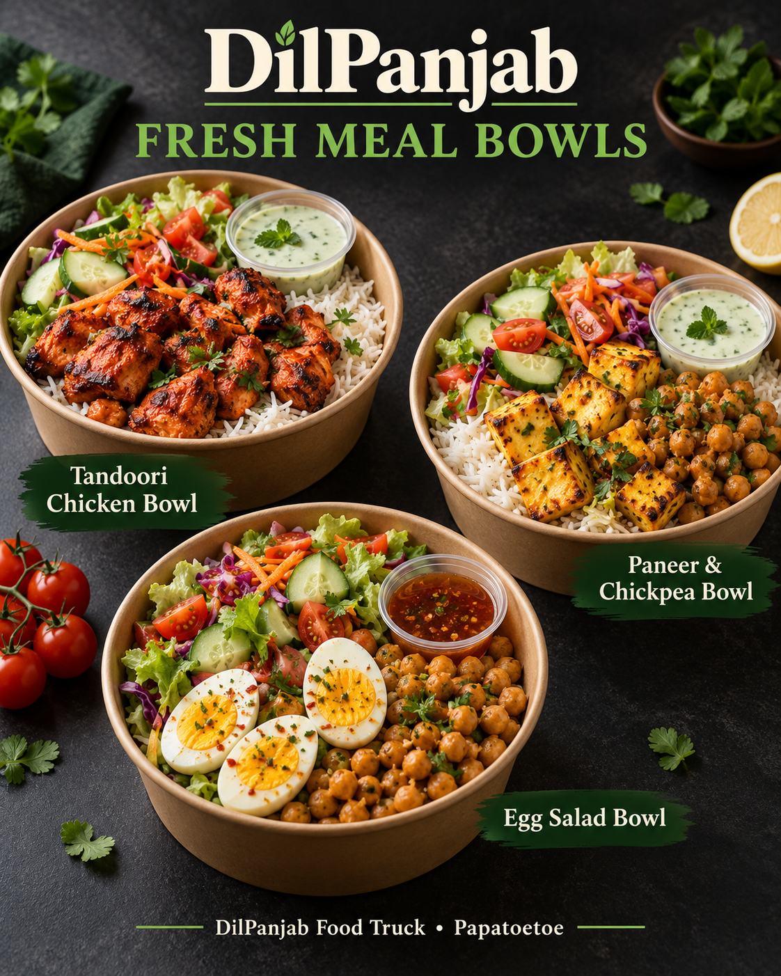 Tandoori chicken, paneer and chickpea, and egg salad bowls with fresh vegetables